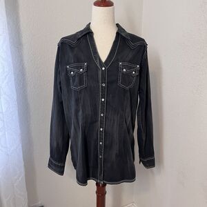 Rock 47 By Wrangler Womens L Snap Long Sleeve Embroidery Distressed Black Shirt